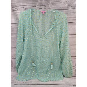 Lilly Pulitzer RILLA Chiffon Silk Top, Turquoise & Gold Clip Jacquard, Sz MEDIUM